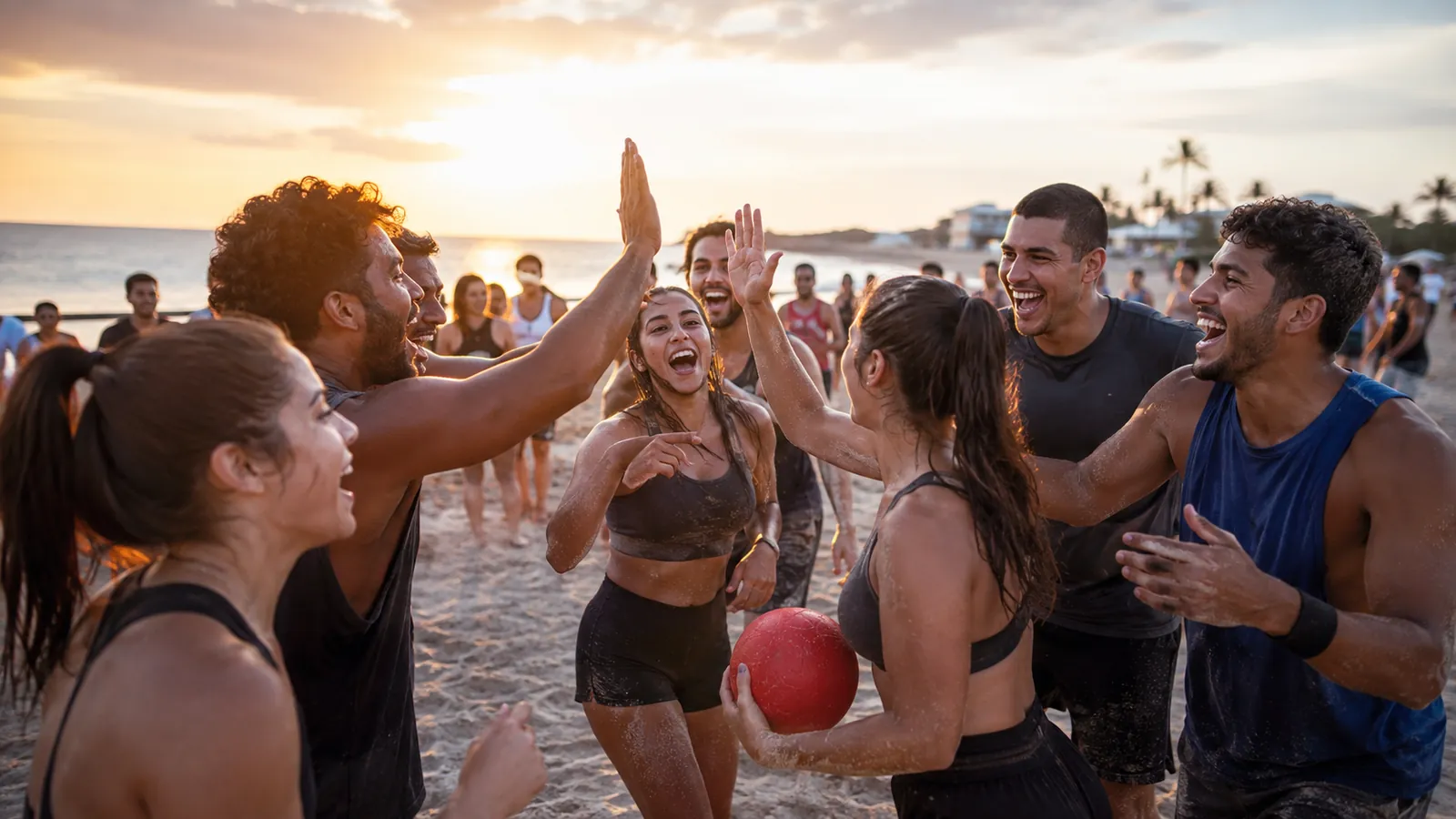 Jugadores celebrando con chocadas de mano al atardecer en la playa