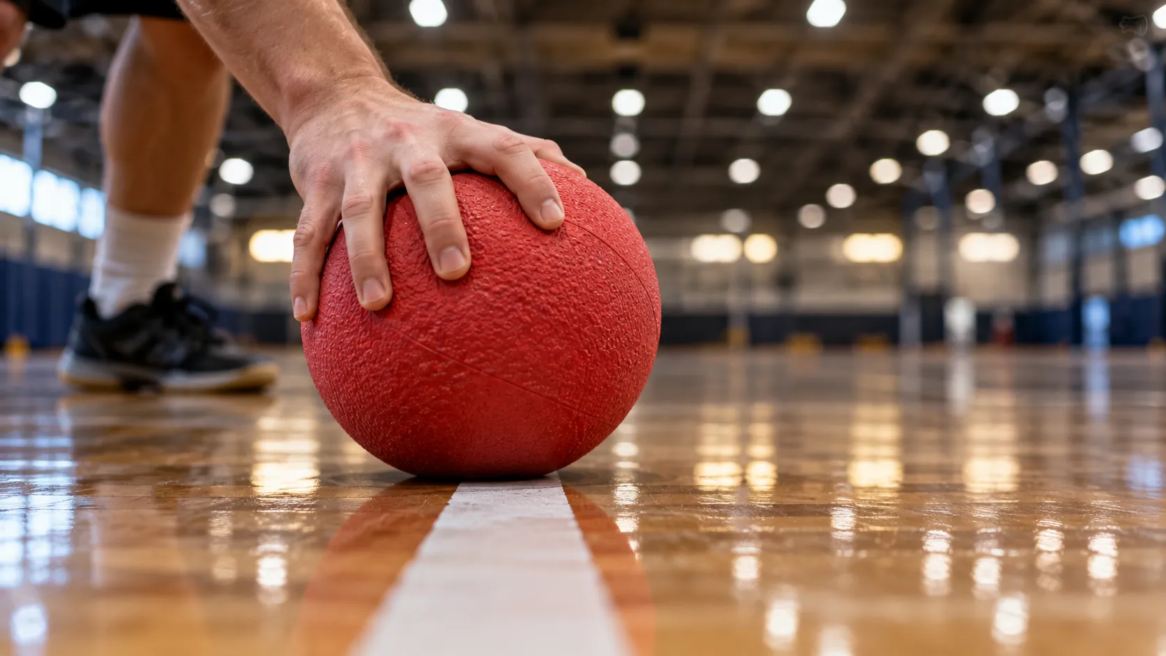 Primer plano de una mano sobre un balón rojo apoyado en la línea central de una cancha de madera