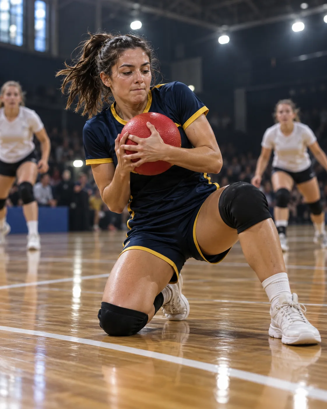 Una jugadora atrapa un balón rojo con las dos manos, con una rodilla sobre el piso de madera