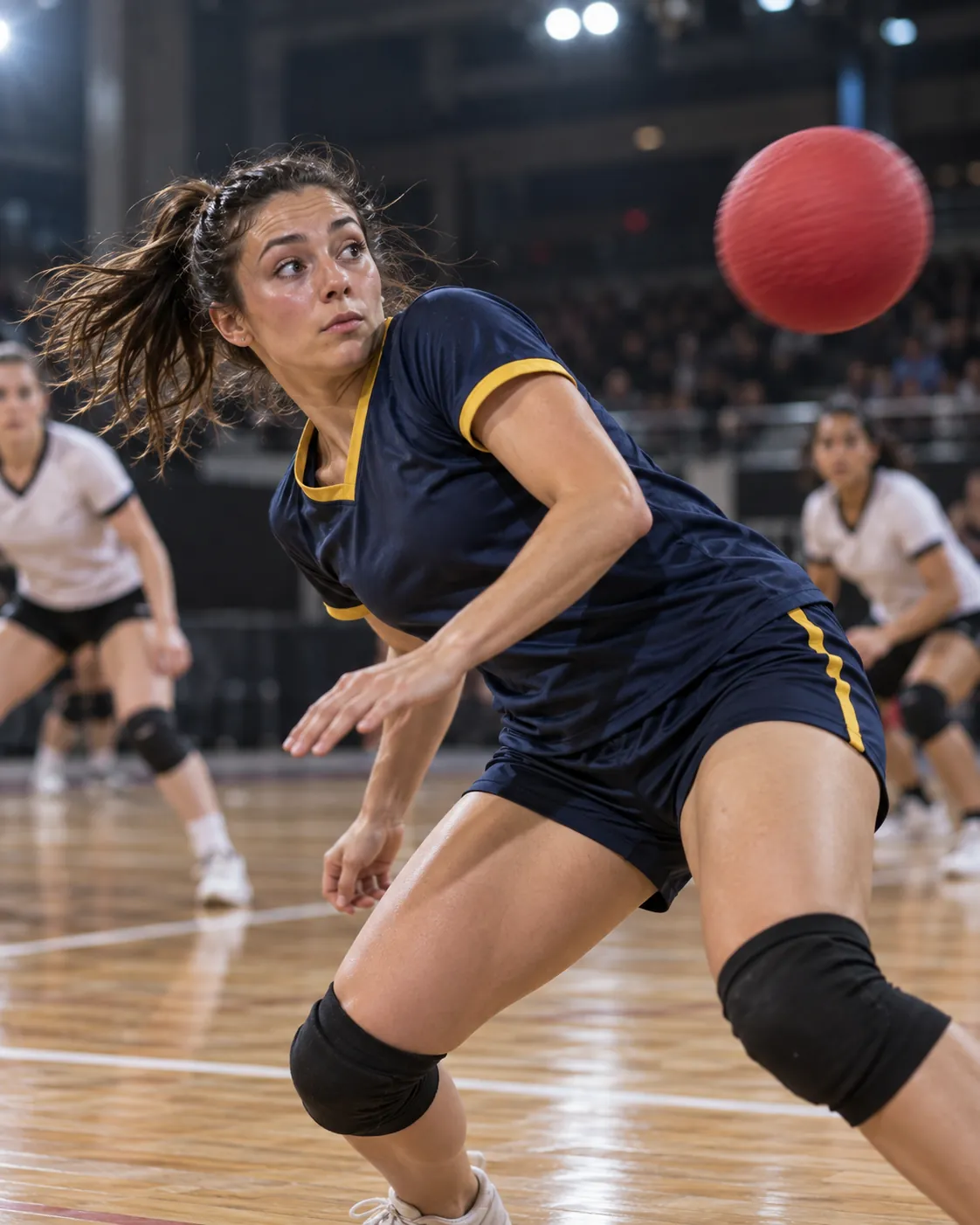 Una jugadora se agacha y gira el cuerpo para esquivar un balón rojo que pasa a su lado en una cancha techada