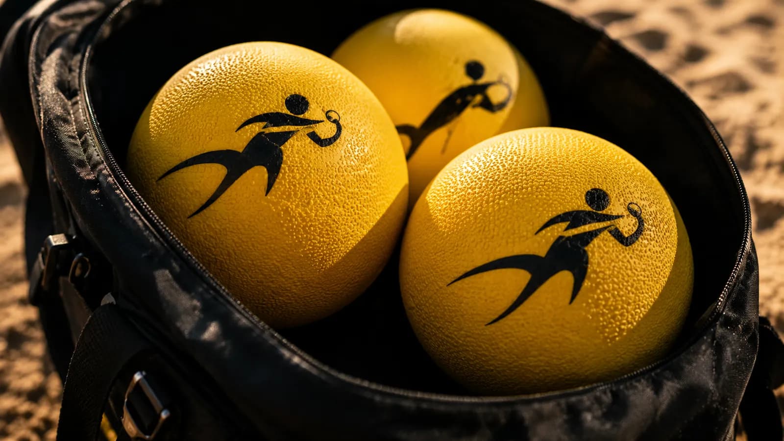 Balones amarillos de dodgeball dentro de un bolso deportivo sobre la arena