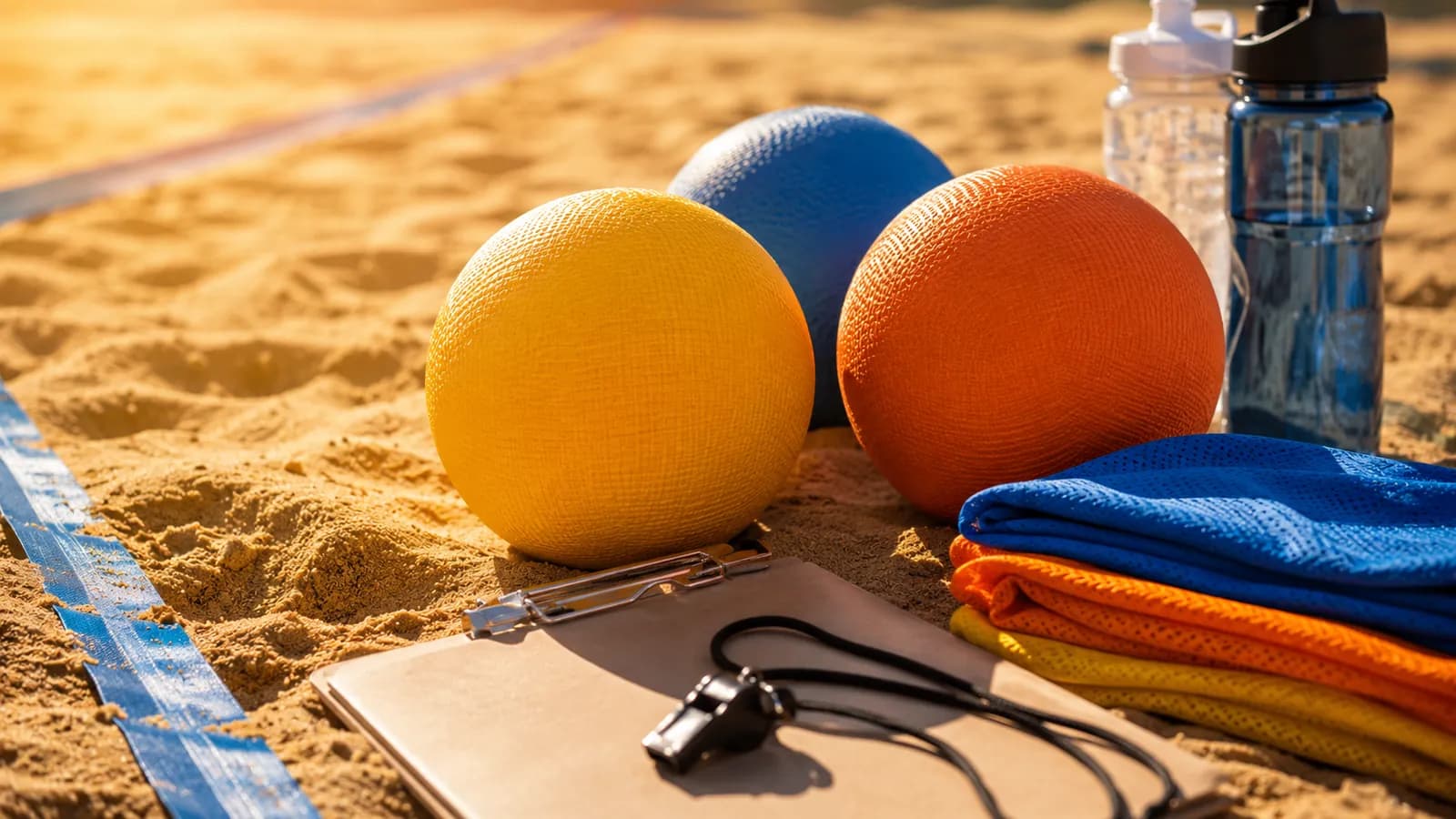 Balones, petos, silbato y planilla de juego dispuestos sobre la arena