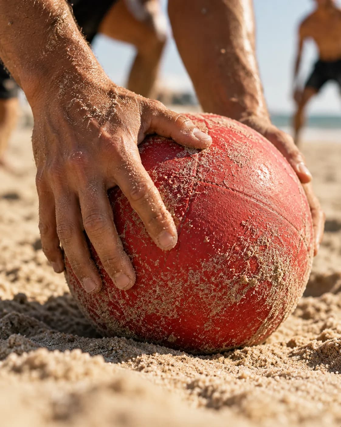 Primer plano de una mano con arena apoyada sobre un balón rojo en la playa