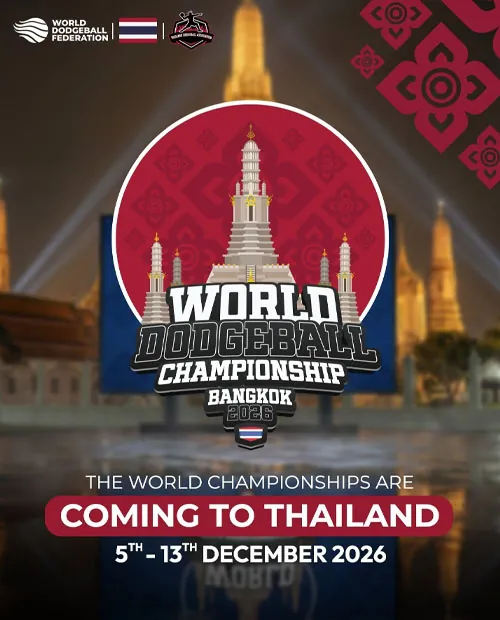 Póster oficial del Campeonato Mundial de Dodgeball Bangkok 2026, con un templo tailandés y el texto: los campeonatos mundiales llegan a Tailandia, del 5 al 13 de diciembre de 2026